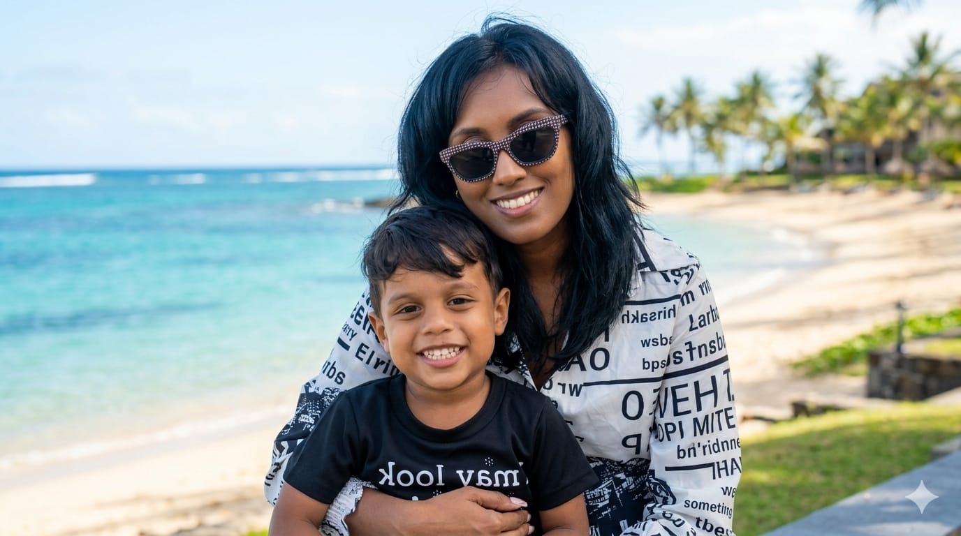 Giovanna and her son at the beach